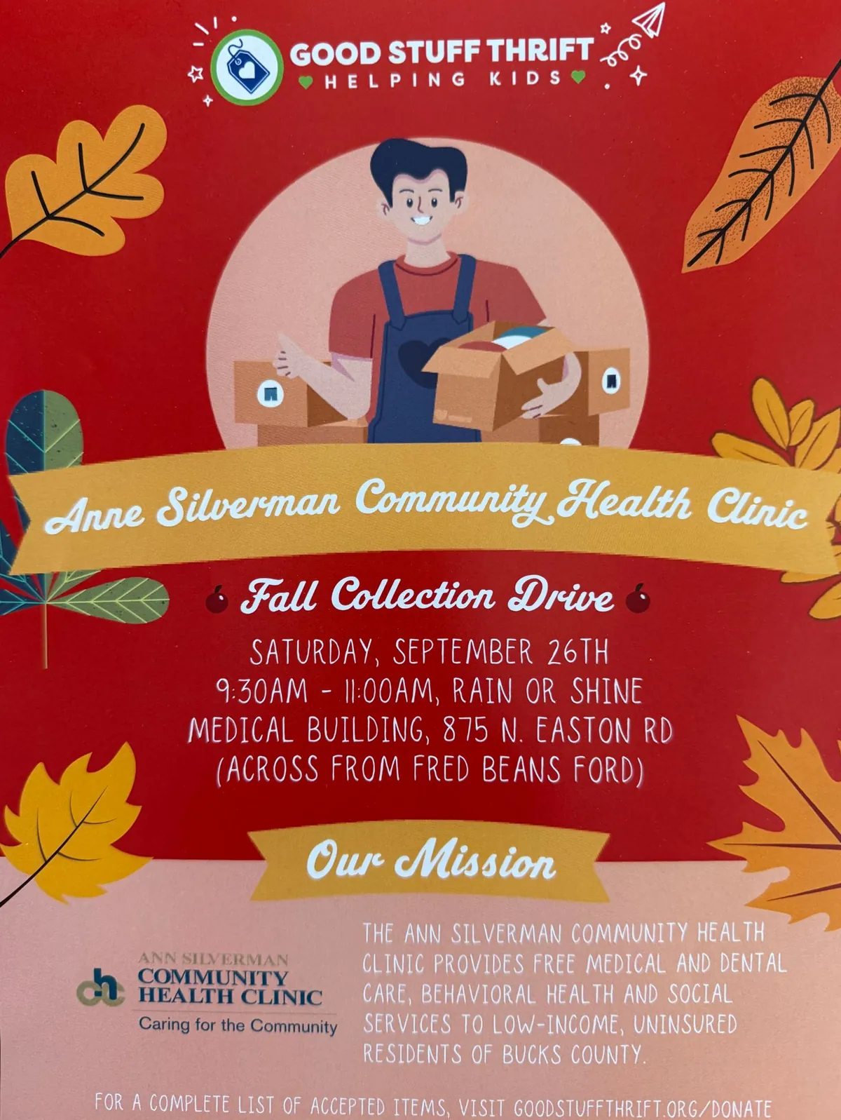Volante de la Campaña de Recolección de Otoño de Good Stuff Thrift para Ann Silverman Community Health Clinic: sábado 26 de septiembre de 2026, de 9:30 a 11:00 a. m., llueva o truene, en el Medical Building, 875 N. Easton Road.